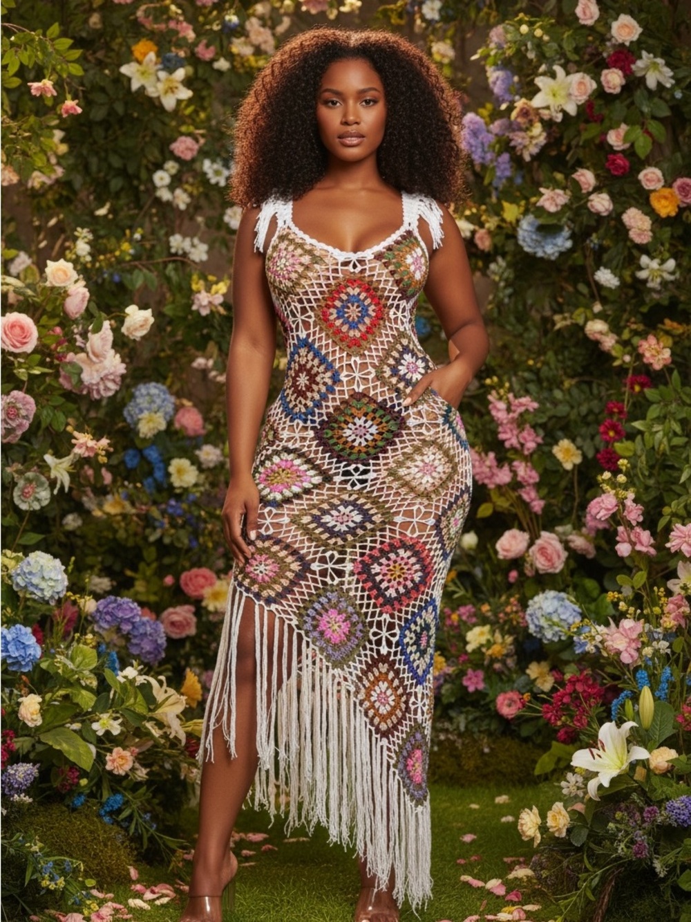 Fashion Nova White Crochet Fringe Maxi Dress with Multicolor Motifs
